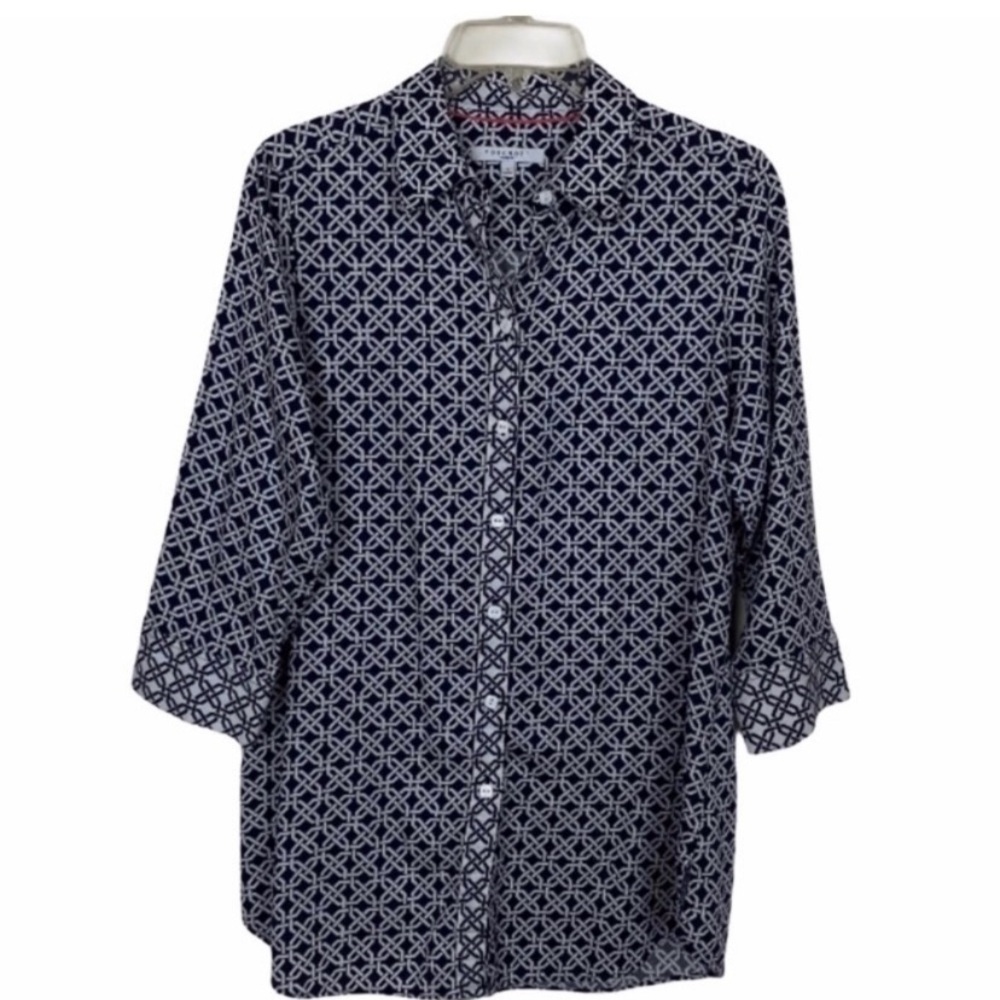 Foxcroft Women’s Geometric Blue 3/4 Sleeves Shirt Color Size 8